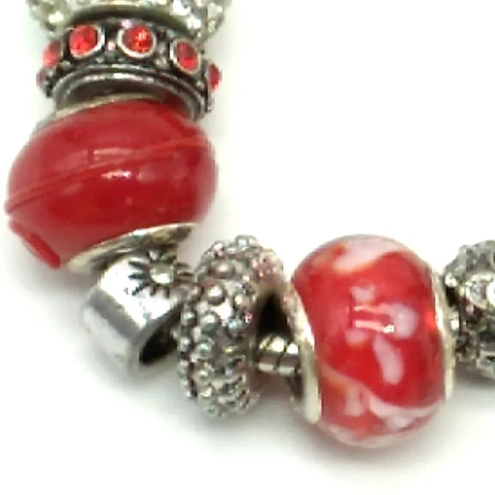 Bling Silver-tone & Red Beaded Charm Slider Bracelet on Snake Chain NWOT